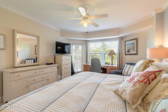 bedroom with ornamental molding, a textured ceiling, and ceiling fan