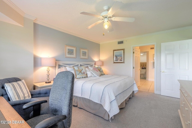 bedroom with light carpet, crown molding, and ceiling fan