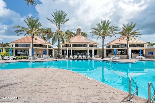 view of swimming pool featuring a gazebo and a patio area