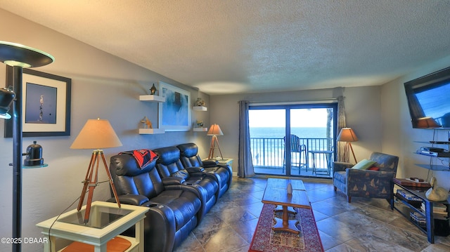 living room featuring a textured ceiling