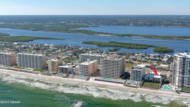 bird's eye view with a water view