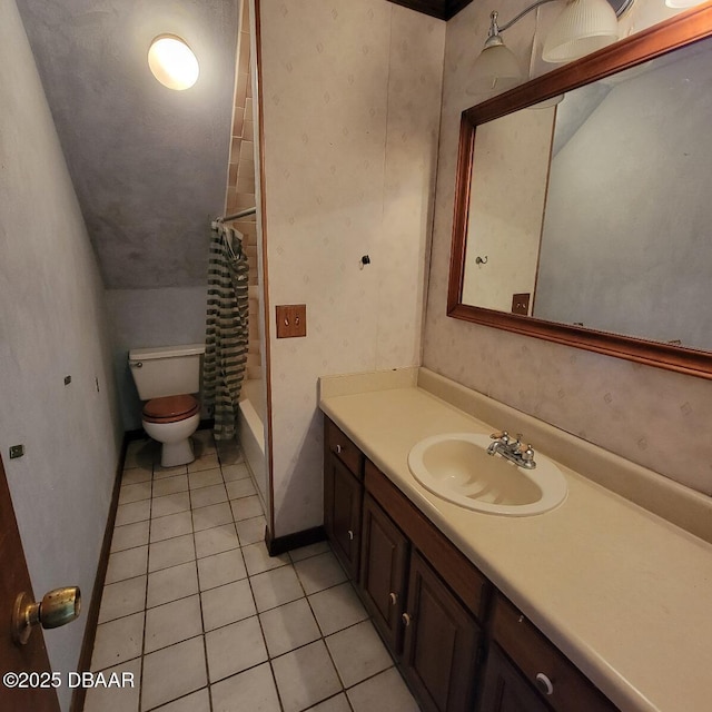 full bath with vanity, lofted ceiling, shower / tub combo, tile patterned floors, and toilet