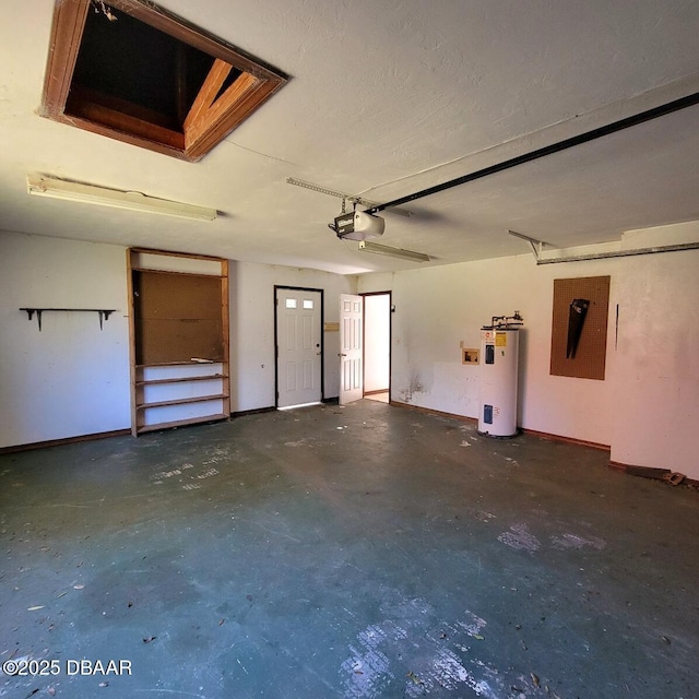 garage with baseboards, electric water heater, and a garage door opener