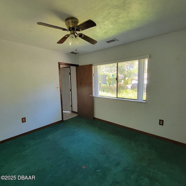 spare room featuring visible vents, ceiling fan, baseboards, and carpet floors