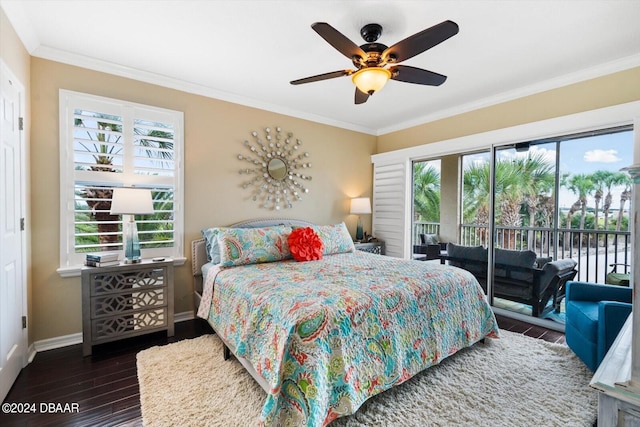 bedroom featuring access to exterior, ceiling fan, crown molding, and dark hardwood / wood-style floors