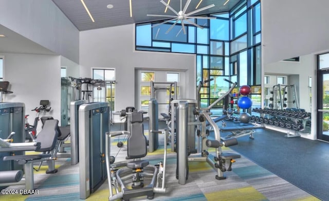 gym with a towering ceiling