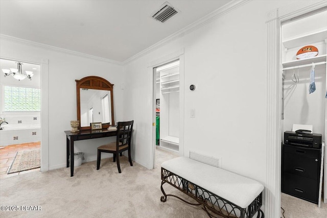 2667 John Anderson Dr, Ormond Beach, FL 32176 - office featuring crown molding, a chandelier, and light carpet