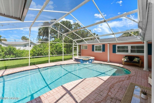 2667 John Anderson Dr, Ormond Beach, FL 32176 - view of swimming pool featuring a patio area, glass enclosure, and a pool with connected hot tub