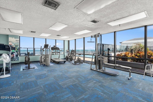 workout area featuring carpet flooring, a wall of windows, a water view, and a textured ceiling