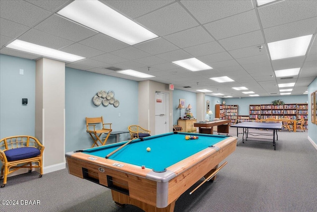 recreation room with a paneled ceiling, billiards, and carpet