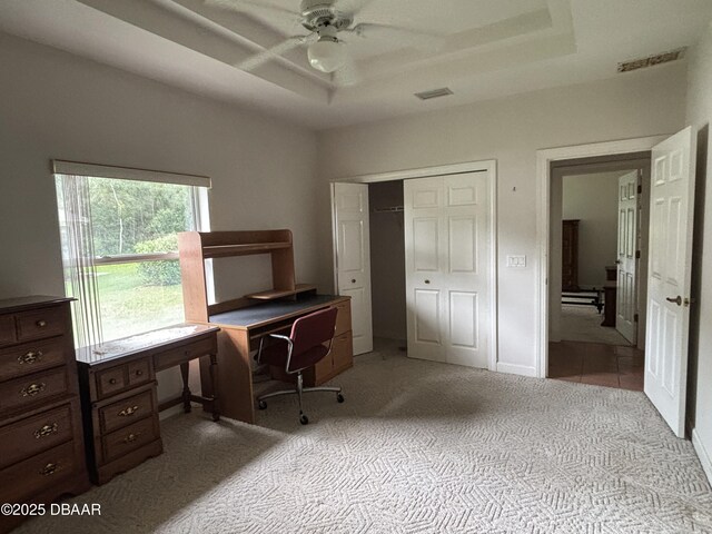 47 Elder Dr, Palm Coast, FL 32164 - office featuring carpet flooring, a raised ceiling, and a ceiling fan