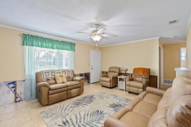 living room featuring ceiling fan, plenty of natural light, and ornamental molding