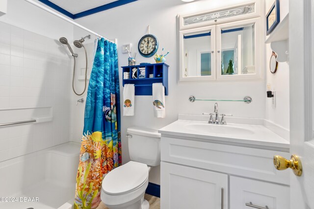 bathroom with a shower with curtain, vanity, and toilet