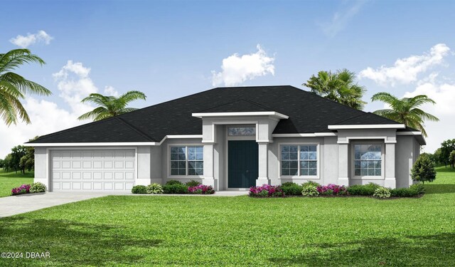 view of front of property featuring a garage and a front lawn