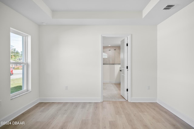 empty room with light hardwood / wood-style flooring, a healthy amount of sunlight, and a tray ceiling