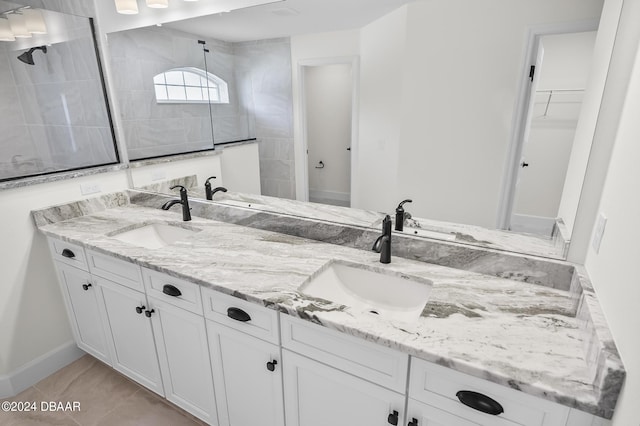 111 Bird Of Paradise Dr, Palm Coast, FL 32137 - full bathroom featuring double vanity, a walk in shower, and baseboards