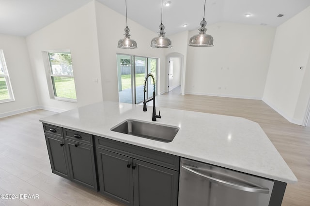 111 Bird Of Paradise Dr, Palm Coast, FL 32137 - kitchen featuring dishwasher, vaulted ceiling, a sink, plenty of natural light, and light wood-style flooring