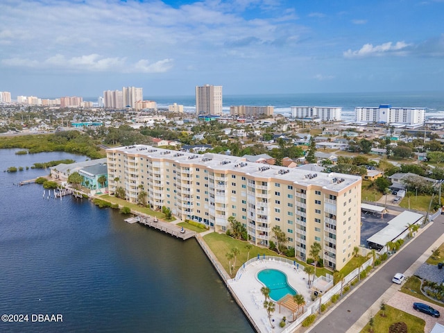 drone / aerial view with a water view