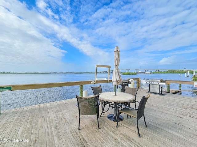 view of dock with a deck with water view