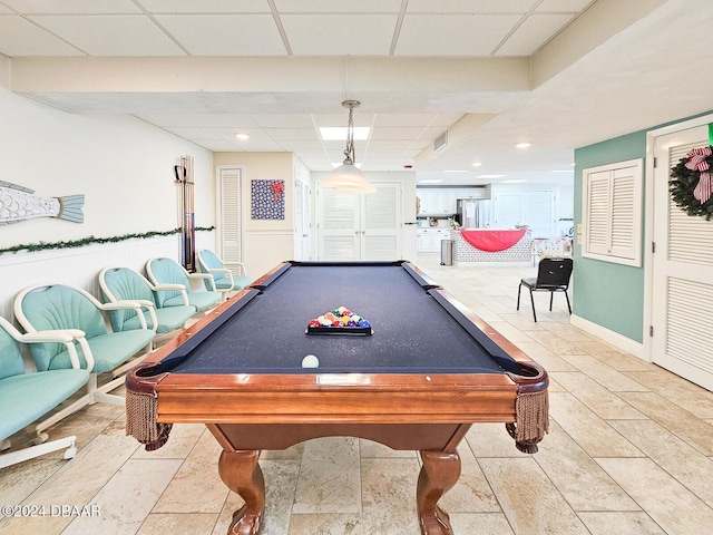 recreation room featuring a paneled ceiling and billiards