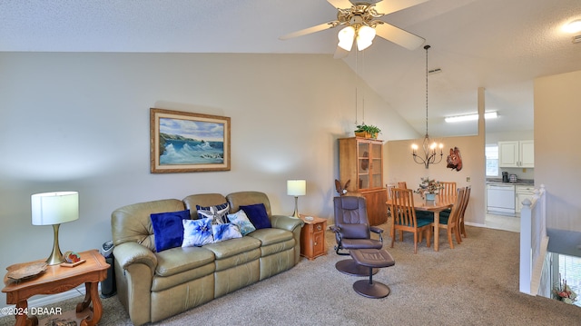 living room with lofted ceiling, ceiling fan with notable chandelier, light carpet, and a textured ceiling