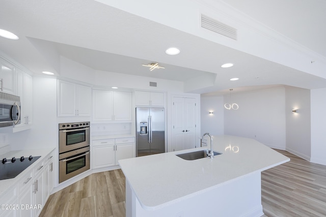 kitchen featuring white cabinetry, appliances with stainless steel finishes, a kitchen island with sink, and sink