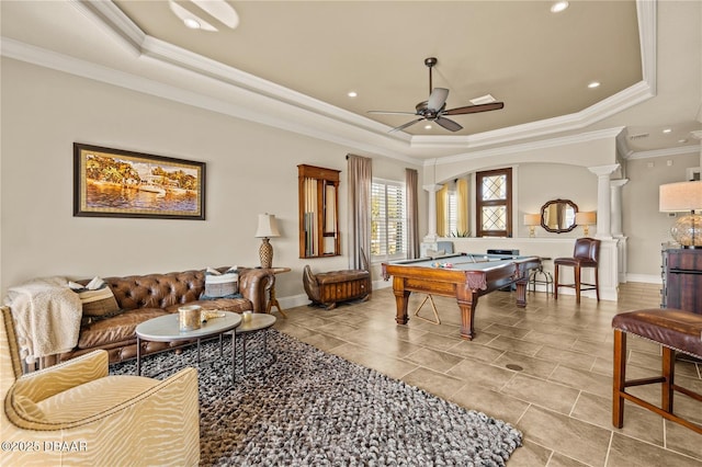 330 Harbor Village Pt N, Palm Coast, FL 32137 - recreation room featuring billiards, ceiling fan, a tray ceiling, ornamental molding, and decorative columns