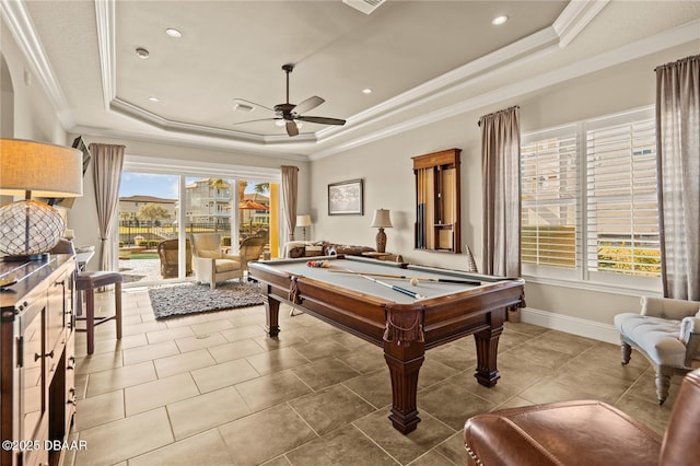 330 Harbor Village Pt N, Palm Coast, FL 32137 - recreation room featuring recessed lighting, a raised ceiling, a ceiling fan, ornamental molding, and pool table