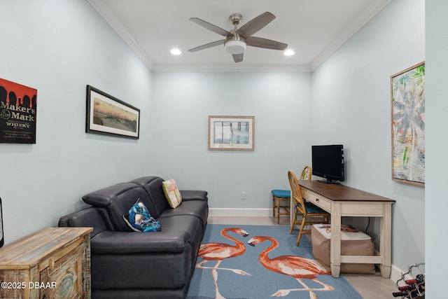 office featuring crown molding and ceiling fan