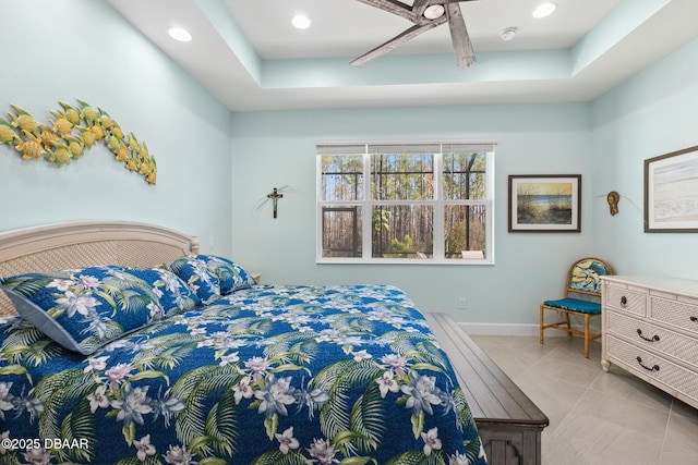 bedroom featuring light tile patterned floors and ceiling fan