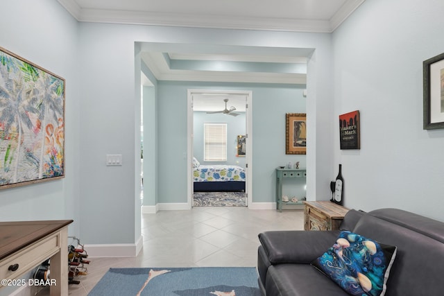 tiled living room featuring crown molding