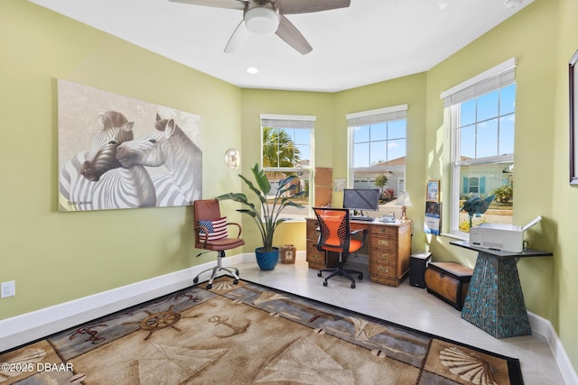 tiled home office with ceiling fan