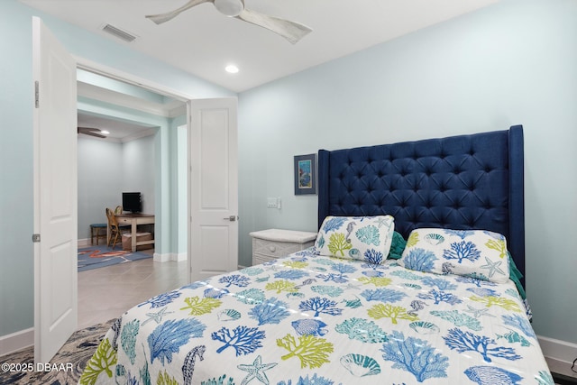 bedroom featuring light tile patterned floors and ceiling fan