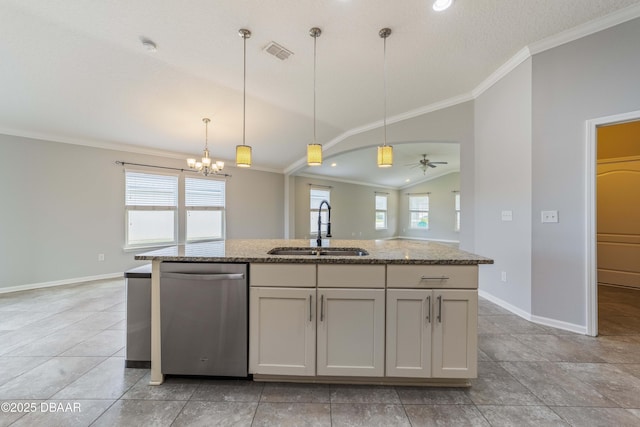 kitchen featuring stainless steel dishwasher, visible vents, ornamental molding, and a sink