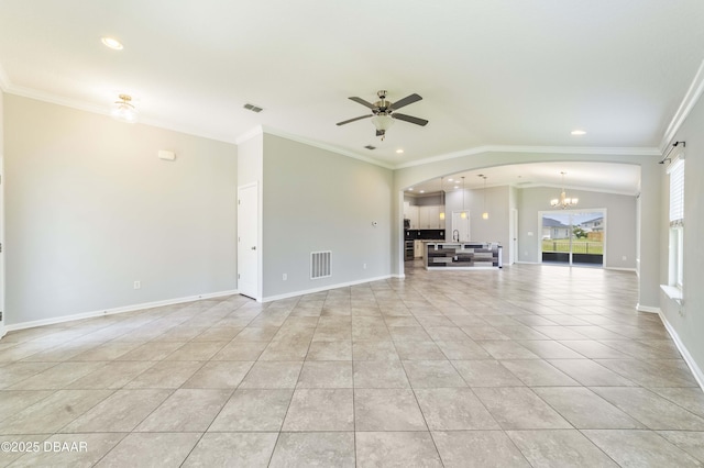 unfurnished living room with ornamental molding, ceiling fan with notable chandelier, recessed lighting, and visible vents