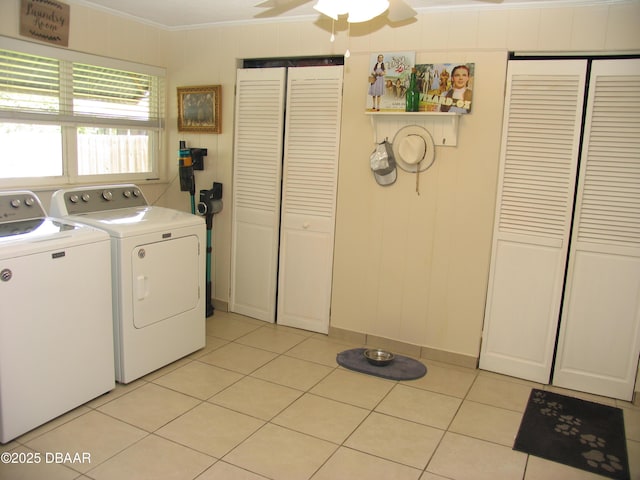 39 Benjamin Dr, Ormond Beach, FL 32176 - washroom featuring crown molding, washing machine and clothes dryer, light tile patterned flooring, and a ceiling fan