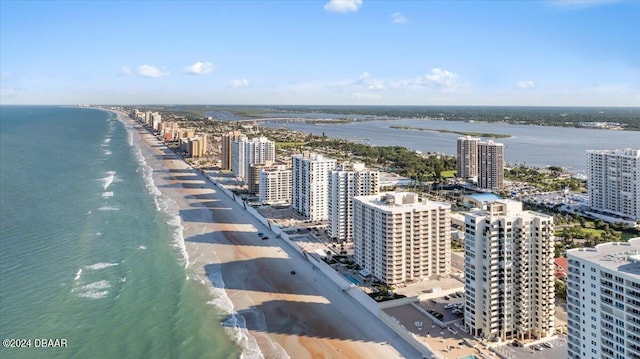 aerial view featuring a beach view and a water view