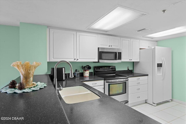 kitchen with white cabinetry, sink, white refrigerator with ice dispenser, and electric range oven