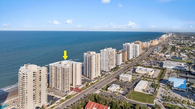 drone / aerial view with a view of the beach and a water view