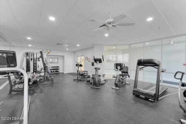 gym with a drop ceiling and ceiling fan