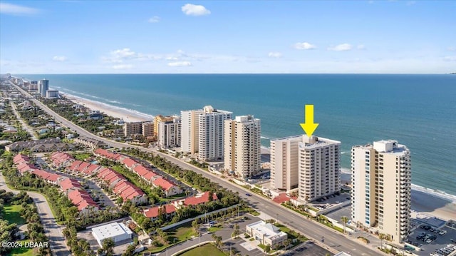 bird's eye view featuring a view of the beach and a water view