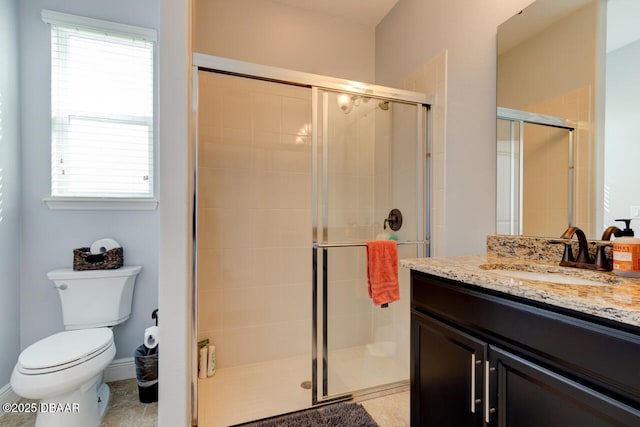 full bath with toilet, a stall shower, plenty of natural light, and vanity