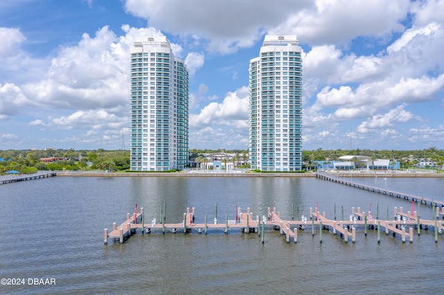 view of water feature with a dock