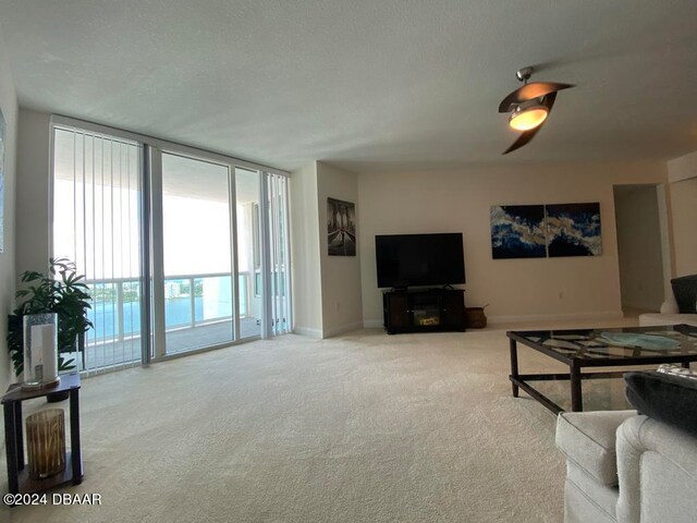 living room featuring a textured ceiling and carpet flooring