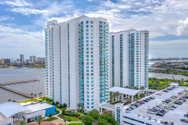 view of building exterior featuring a water view