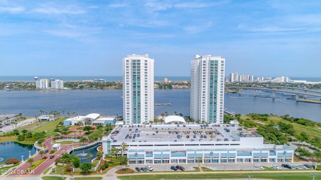 drone / aerial view with a water view