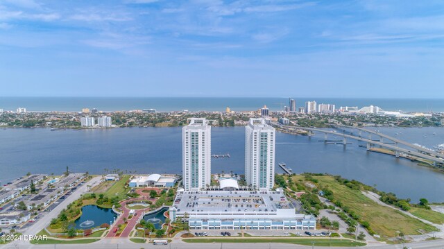 bird's eye view with a water view