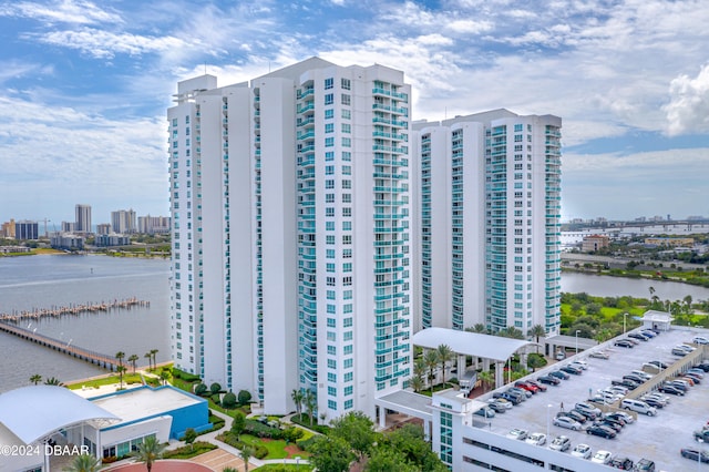 view of building exterior featuring a water view