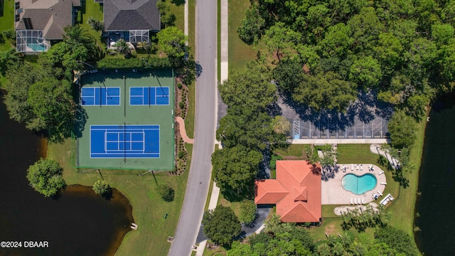 birds eye view of property featuring a water view