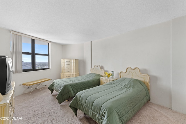 bedroom with a textured ceiling and light carpet